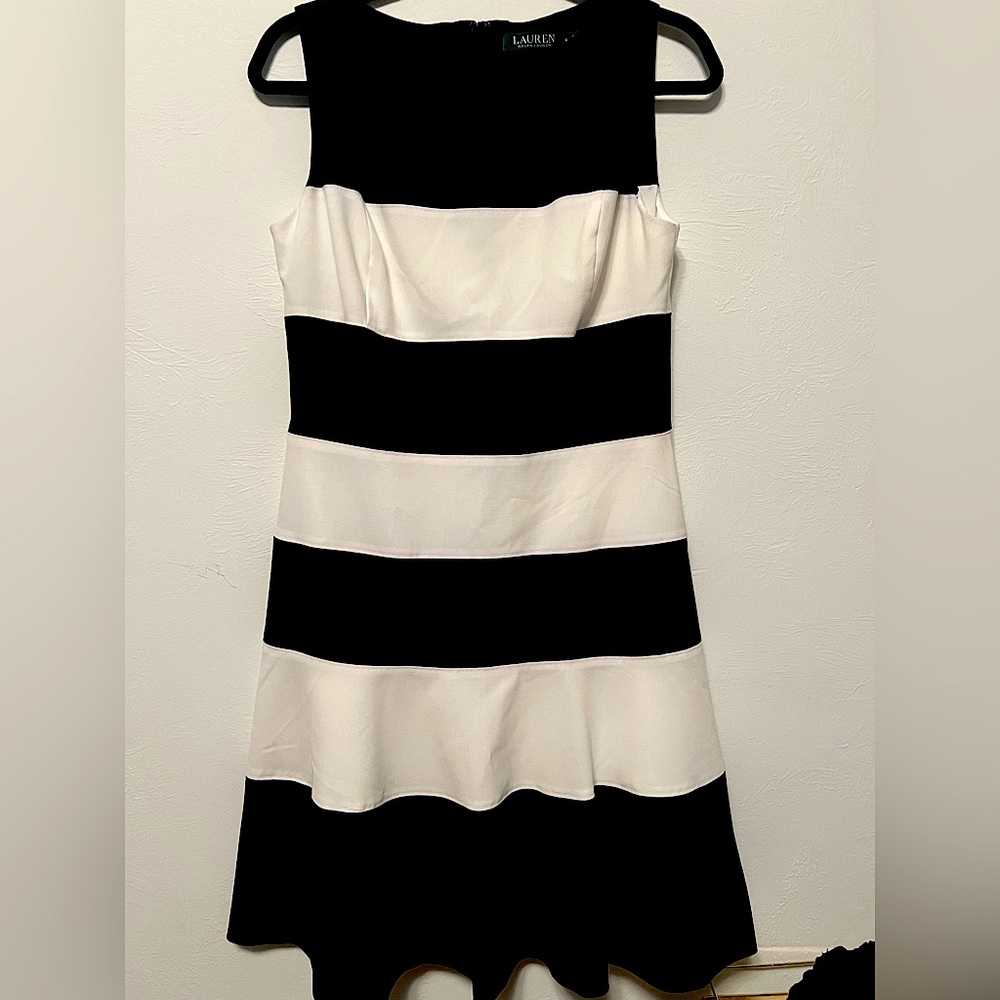 Ralph Lauren Dress. Black and White striped with flared bottom. Size 6